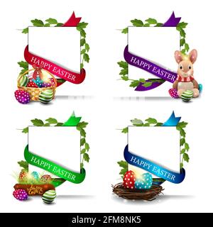 Buona Pasqua, cartoline da collezione con icone pasquali, cornice di liana e foglio bianco di carta bianca con nastri con saluti. Elementi pasquali collettti Foto Stock
