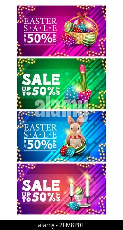 Vendita di Pasqua, fino a 50 di sconto, collezione banner sconto orizzontale colorato in stile cartoon con icone di Pasqua e cornice di ghirlanda. Sconto di Pasqua ba Foto Stock