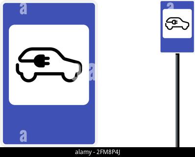 Cartello stradale per stazione di ricarica auto elettriche. Eco-friendly ambiente pulito Parcheggio del veicolo e icona di posizionamento del caricabatteria. Quadratino blu standard con simbolo del vettore di carica per trasporto ecologico isolato Illustrazione Vettoriale