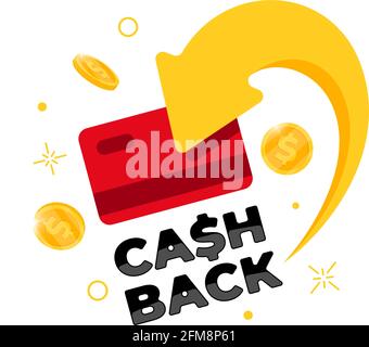 Concetto di programma fedeltà Cashback. Carta di credito o debito con monete restituite sul conto bancario. Rimborso disegno servizio denaro. Illustrazione vettore simbolo di rimborso bonus Illustrazione Vettoriale