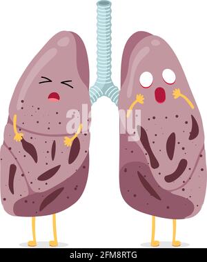 Malattia malata non sana dei polmoni del cartone animato carattere malattia del virus di tubercolosi. Apparato respiratorio umano tubercolo interno dell'organo bacillus o polmonite colpito. Illusrtazione vettoriale danno anatomico medico Illustrazione Vettoriale