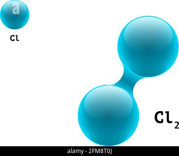Modello chimico molecola diatomico cloro CL2 elemento scientifico formula. Particelle integrate gas inorganico 3D struttura molecolare costituita. Due sfere vettoriali di combinazione di atomi di volume Illustrazione Vettoriale