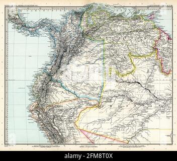 Carta d'Amazzonia in rame d'epoca del XIX secolo. Tutte le mappe sono splendidamente colorate e illustrate mostrando il mondo in quel momento. Foto Stock