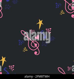 Classici motivi musicali, con spartiti e treble clef, grandi disegni per qualsiasi scopo. Texture retrò astratta. Badge di esempio Illustrazione Vettoriale