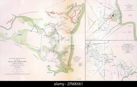 Primo piano delle mappe dei campi di battaglia e assedio di Yorktown, Virginia nel 1862 Foto Stock