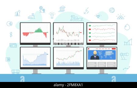 Commerciante di borsa monitor multipli del calcolatore con grafici finanziari, diagrammi, grafici e notizie. Concetto di icone di analisi dell'indice aziendale. Broker Exchange trading workplace vettore eps illustrazione Illustrazione Vettoriale