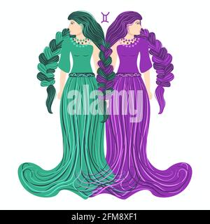 Zodiaco, Gemini segno zodiaco illustrazione come una bella ragazza con trecce. Illustrazione della moda in stile boho zodiaco vintage in colori pastello. Illustrazione Vettoriale
