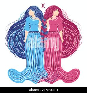 Zodiaco, Gemini segno zodiaco illustrazione come una bella ragazza con trecce. Illustrazione della moda in stile boho zodiaco vintage in colori pastello. Illustrazione Vettoriale