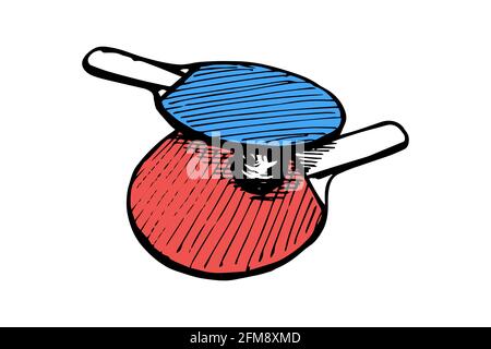 Racchette blu e rosse da ping-pong e disegno a forma di palla a mano. Attrezzatura da ping-pong. Concetto di logo delle pagaie del gioco del ping pong. Inchiostro nero vettoriale immagine isolata su sfondo bianco Illustrazione Vettoriale