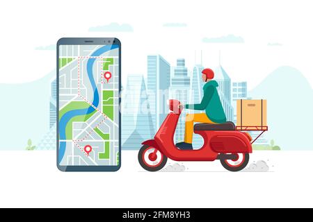 Concetto di app per il servizio di consegna senza contatto sicuro. Courier ragazzo in casco moto su scooter rosso ciclomotore consegna confezione. Applicazione mobile per l'ordinazione online su cityscape e location pin vettoriale Illustrazione Vettoriale