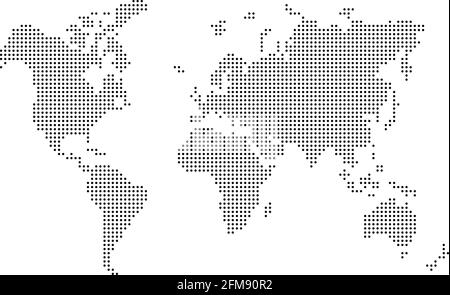 Mappa del mondo punteggiata in pixel nero su sfondo bianco. Illustrazione vettoriale Illustrazione Vettoriale