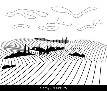 Vigneto uva vino colline fattoria poster concetto. Romantici vigneti rurali piantagione file paesaggio in giornata di sole con villa, campi, prati e alberi. Illustrazione della vite a crescita di inchiostro monocromatica vettoriale Illustrazione Vettoriale