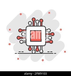 Icona cpu del computer in stile comico. Illustrazione vettoriale su cartoni a circuito stampato su sfondo isolato bianco. Scheda madre chip splash effect business conc Illustrazione Vettoriale