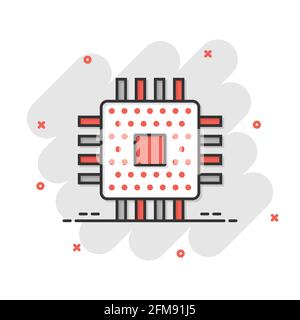 Icona cpu del computer in stile comico. Illustrazione vettoriale su cartoni a circuito stampato su sfondo isolato bianco. Scheda madre chip splash effect business conc Illustrazione Vettoriale