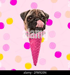 Collage d'arte contemporanea, design moderno. Umore estivo. Icecream fatto di testa del cane su sfondo rosa chiaro Foto Stock