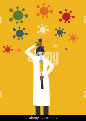 Uomo contro diversi tipi di varianti di virus corona con il aiuto alla vaccinazione Illustrazione Vettoriale