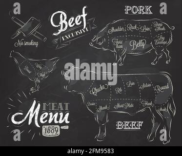 Chalk Illustrazione di un elemento grafico vintage nel menu per carne bistecca di pollo di maiale vacca diviso in pezzi di carne Illustrazione Vettoriale