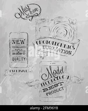 Elementi della moderna tecnologia della fotocamera per tablet mobile in vintage stile stilizzato sotto i disegni in gesso grigio Illustrazione Vettoriale