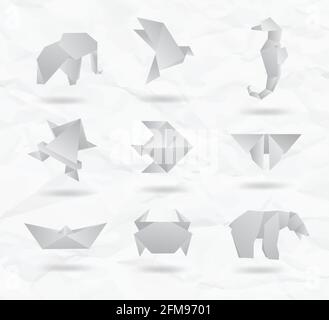 Set di origami bianchi simboli di animali da carta : elefante, uccello, cavallo di mare, pesce, farfalla, orso, granchio, pesce Illustrazione Vettoriale