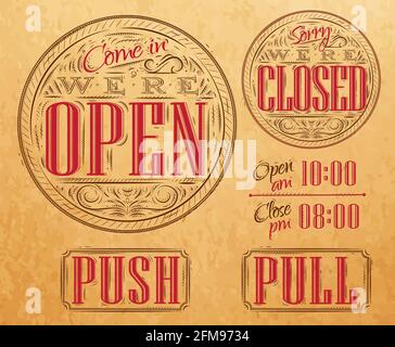 Set di scritte vintage con simboli sono disponibili, siamo aperti, siamo chiusi, push, pull disegno stile su carta kraft di rosso, marrone Illustrazione Vettoriale