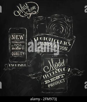 Elementi della moderna tecnologia della fotocamera per tablet mobile in vintage stile stilizzato sotto i disegni in gesso Illustrazione Vettoriale