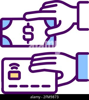 Metodi di pagamento icona colore RGB. Pagamento online, tramite carta di credito. Opzioni di pagamento globali. E-commerce. Opportunità di profitto. Bonifici bancari elettronici. Valuta virtuale. Illustrazione vettoriale isolata Illustrazione Vettoriale