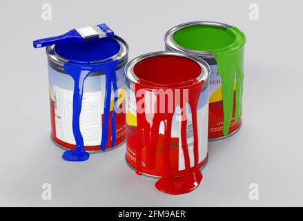 Taniche di vernice multicolore su bianco. rendering 3d Foto Stock