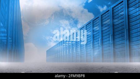 Più server informatici su sfondo blu, elaborazione dei dati e concetti tecnologici Foto Stock