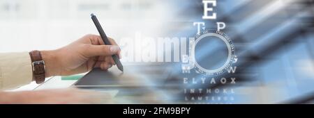 Snellen grafico sopra una donna che usa il tablet grafico, la tecnologia e i concetti corporativi Foto Stock