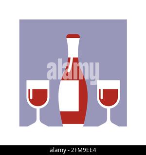Una bottiglia di vino rosso con due bicchieri. Una piacevole bevanda alcolica. Illustrazione piatta. Foto Stock