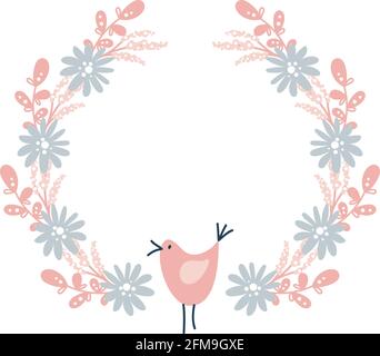 Vetector corone floreali circolari colorate con fiori estivi e uccello centrale spazio di copia bianco per il tuo testo. Corona disegnata a mano vettoriale con fiori Illustrazione Vettoriale