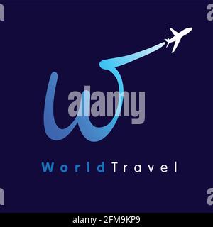 W concetto di logotipo dell'azienda turistica. Alfabeto navigare segno con compagnie aeree e jet piano, low cost Airways marchio, logistico, lowcoster grafico astratto te Illustrazione Vettoriale