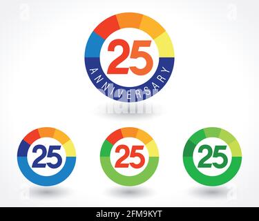 concetto di logotipo di 25 anni. Set colorato per il 25 ° anniversario. Modello grafico isolato astratto. Festeggiamo i saluti. Congratulazioni numero Illustrazione Vettoriale