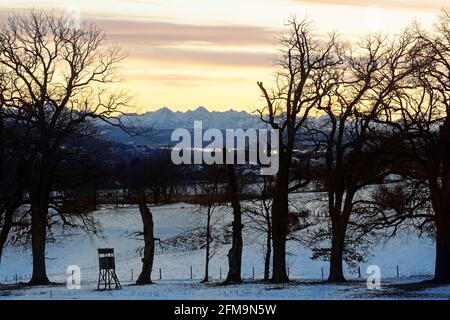 Jägerstand, Ammersee, vista sulle Alpi in inverno Foto Stock