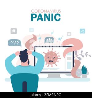 Banner di concetto di panico coronavirus. Un uomo guarda le notizie su un nuovo virus ed è impaurito di infezione. Avatar batterio su screen.possibile epidemia globale Illustrazione Vettoriale