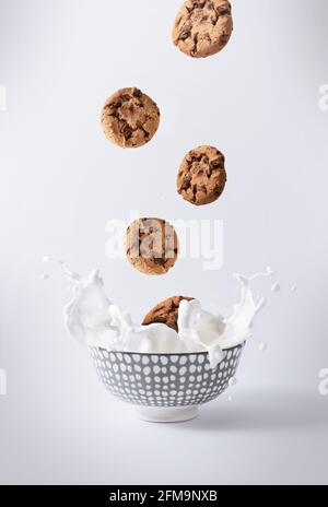 biscotti al cioccolato, che cadono nel latte bianco con spruzzi su sfondo bianco, colori verticali, freddi e chiari Foto Stock