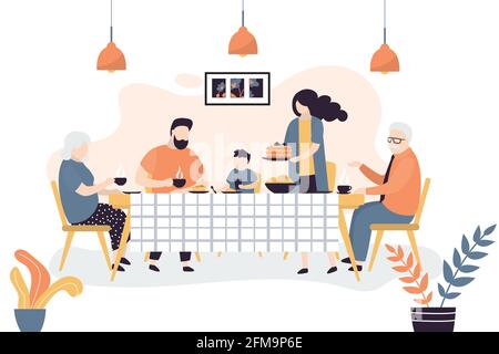 La grande famiglia è seduta al tavolo. La gente beve il tè insieme e mangia i dolci. Banner ritratto di famiglia. Nonni, genitori e due figli. DIN Illustrazione Vettoriale