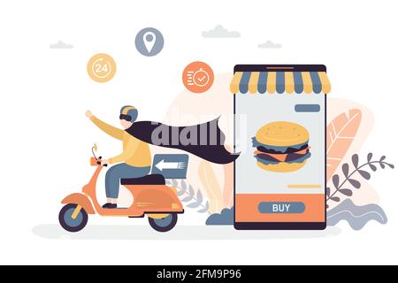 Divertente consegna uomo ride moto. Corriere vestito da supereroe. Background del concetto di consegna rapida. Negozio online o caffetteria, ordine internet di fast food. Illustrazione Vettoriale