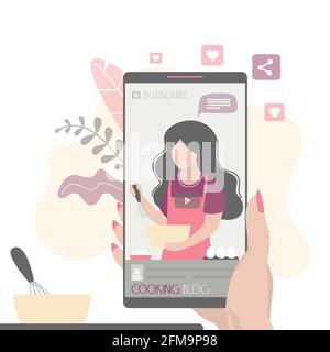 Smartphone moderno con presa a mano. Blogger di cibo femminile dice come cucinare un piatto. Applicazione video sul telefono cellulare. Apprendimento online, formazione di cucina. W Illustrazione Vettoriale