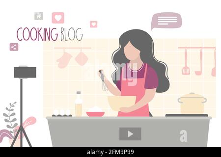 Video blog di cucina, il blogger di cibo dice come cucinare un piatto. Chef donna insegna a cucinare una nuova ricetta. Carattere vlogger femminile sulla cucina moderna. Alla moda Illustrazione Vettoriale