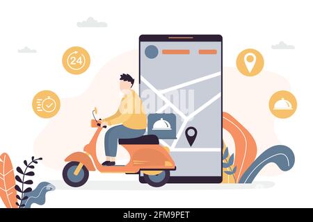 Consegna di merci o alimenti dal negozio online, la definizione di geolocalizzazione utilizzando la navigazione. Il corriere biker consegna le merci dal mercato del Internet Illustrazione Vettoriale