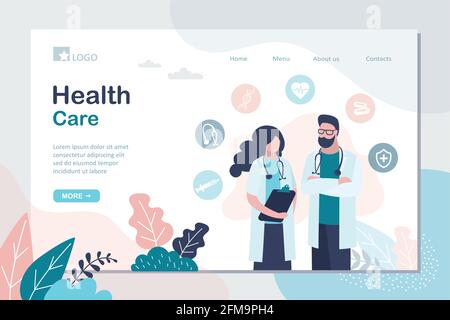 Modello pagina di destinazione per l'assistenza sanitaria. Due medici in uniforme e icone mediche. Colleghi specializzati in posa. Concetto di sanità web background. Maschio e. Illustrazione Vettoriale