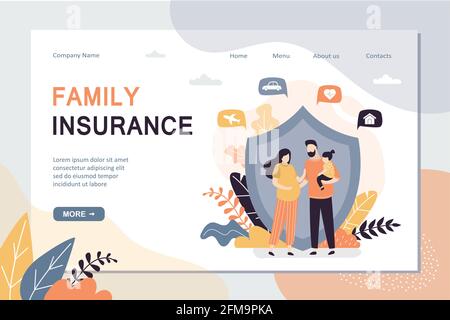 Modello pagina di destinazione assicurazione famiglia. Banner di concetto di assicurazione, assistenza sanitaria. Piano di assicurazione, copertura assicurativa completa. Carino genitori con il bambino, proteggere Illustrazione Vettoriale