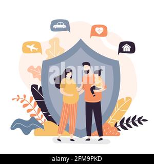 Famiglia felice e scudo di protezione. Banner di concetto di assicurazione, assistenza sanitaria. Piano di assicurazione, copertura assicurativa completa background. Carino genitori con bambino. Illustrazione Vettoriale