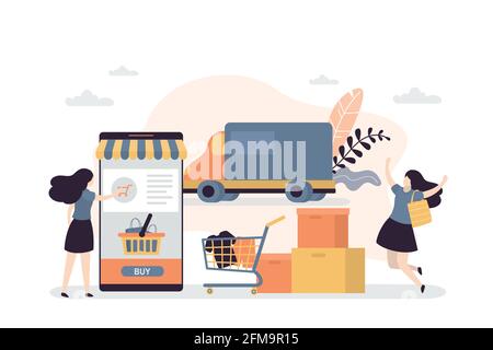 Consegna delle merci dal negozio online. Ordinamento di caratteri femminili e acquisto di prodotti nell'app mobile. Truck consegna merci dal mercato online. Buon WOM Illustrazione Vettoriale