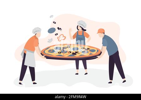 Gente piccola divertente che cucinano la pizza grande. Gli chef preparano piatti tradizionali italiani. La gente lavora in una pizzeria. Lavoratori in uniforme. Stile alla moda vettore illust Illustrazione Vettoriale