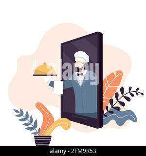 Ordine e consegna di cibo da ristorante o caffè. App mobile e chef maschile con cibo. Acquisto di pasti pronti on-line concetto sfondo. Stile alla moda Illustrazione Vettoriale