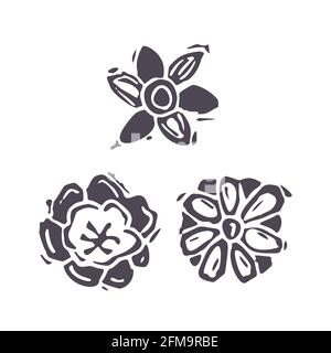 Mano intagliato grassetto blocco stampa fiore icona clip art. Illustrazione Folk elemento di disegno. Moderno boho decorativo linocut. Toni naturali disattivati dall'etnia Illustrazione Vettoriale