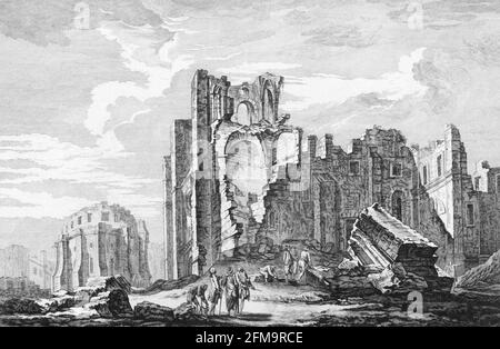 Il terremoto di Lisbona 1755. Rovine della Cattedrale di Jacques-Philippe le Bas, 1757 Foto Stock