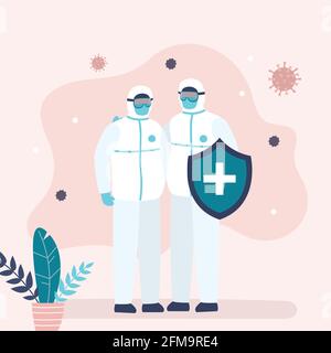 Due medici in speciali uniformi protettive. Operatori medici che detengono uno scudo di sicurezza. Concetto di lavoro di squadra. Protezione e controllo di virus e batteri. Illustrazione Vettoriale